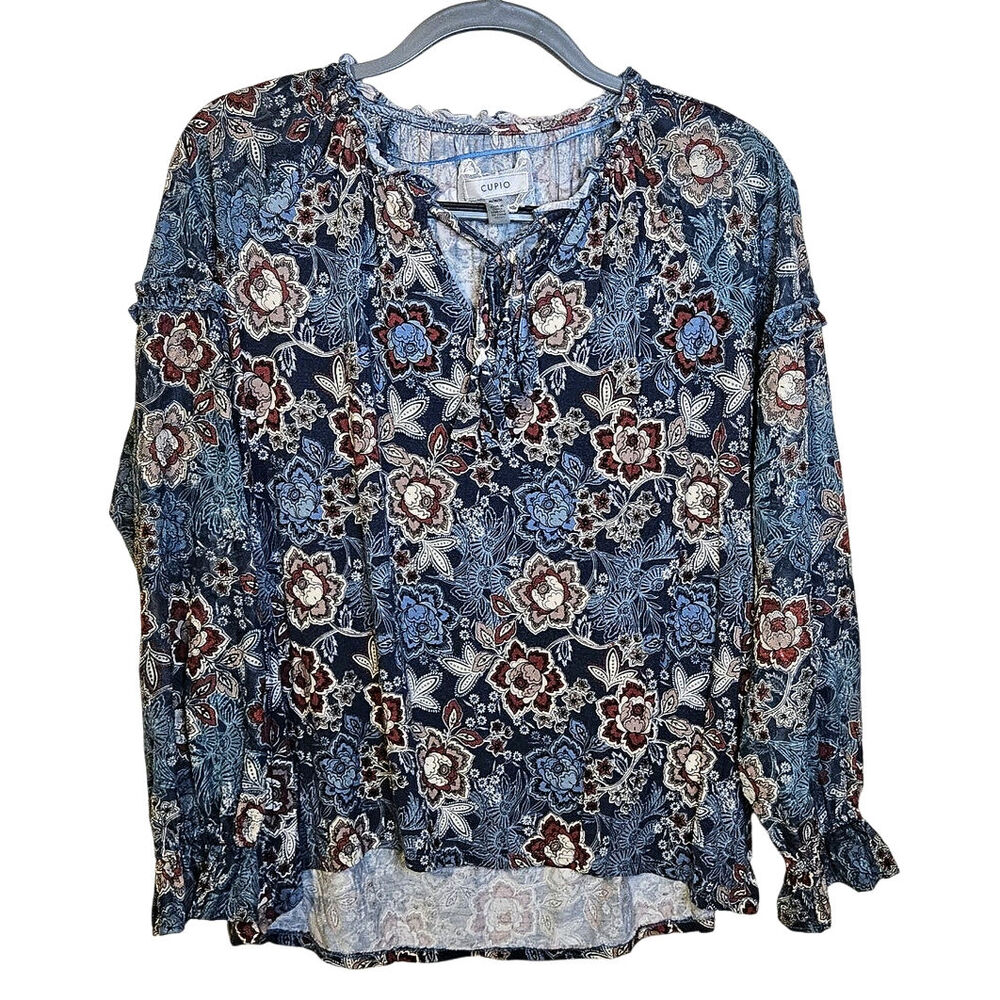 Cupio Size Medium M Boho Tunic Top Blouse Blue Floral Flower Viscose Oversized